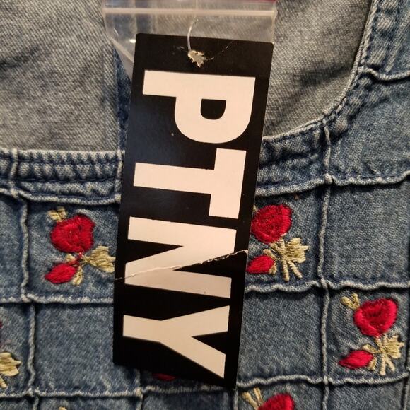 Vintage 90's NEW Denim Dress Embroidered Roses Floral Faux Wrap Button Size M - Picture 6 of 16